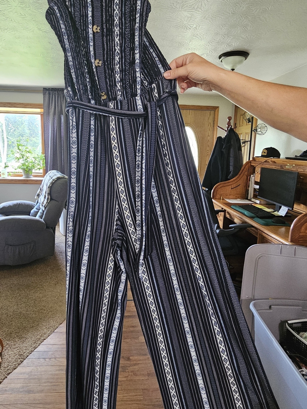 No Boundaries Navy & White Striped Wide-Leg Jumpsuit with Waist Tie